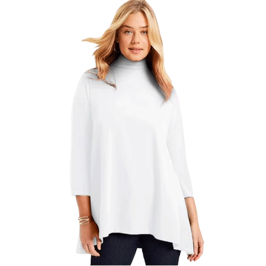 White mock-neck plus-size tunic with ¾ sleeves and high-low hem