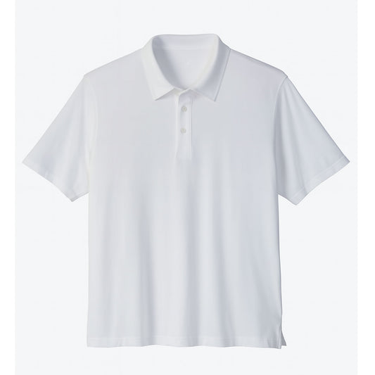 Plus-size male model in white moisture-wicking polo shirt – breathable mesh fabric, relaxed fit, three-button collar, studio background