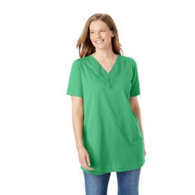 Green Eyelet V-Neck Henley T-Shirt PSW-4022
