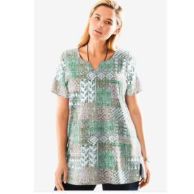 Olive Green Print Patchwork Knit Tunic PSW-4656