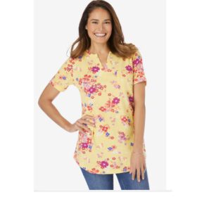 Yellow Floral Notch Neck Short Sleeve T-Shirt PSW-4888