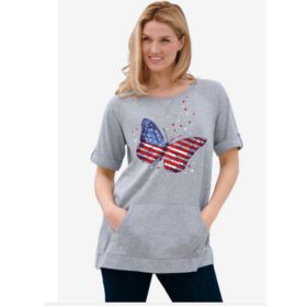 Heather Grey Americana Butterfly Kangaroo Pocket T-Shirt PSW-4954