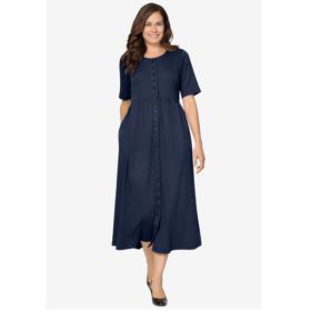 Navy Blue Plus Size Women Button Essential Dress PSW-5147