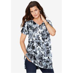 White Dreamy Floral Plus Size Women V Neck Ultimate Tunic PSW-5707