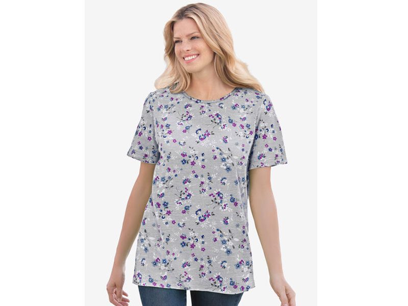 Heather Grey Floral Thermal Short Sleeve Satin Trim T-Shirt
