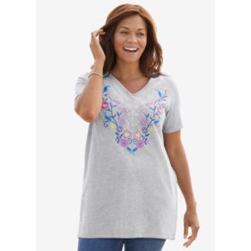 Heather Grey Floral Embroidered V-Neck Tunic PSW-5788