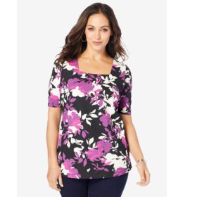 Purple Floral Plus Size Women Square Neck T-Shirt PSW-5823