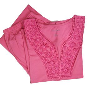 Pink Lace Trim Short Sleeve Tee Pajama Set PSW-6108