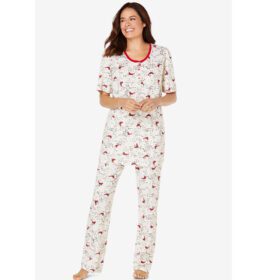 Classic Red Cardinals Floral Henley Short Sleeve Pajama Set PSW-6212