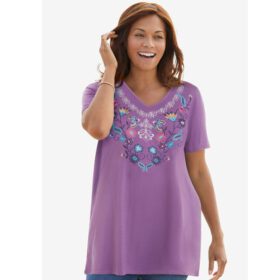 Pretty Violet Floral Embroidered V-Neck Tunic PSW-6360