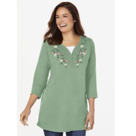 Sage Layered-Look Embroidered Henley Tunic PSW-6318