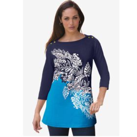 Navy Graphic Tropical Boatneck Tunic PSW-6511