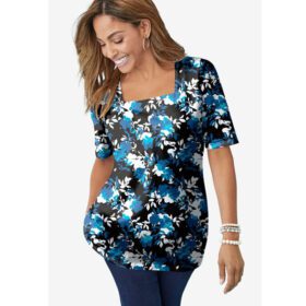 Teal Shadow Floral Plus Size Women Square Neck T-Shirt PSW-6575
