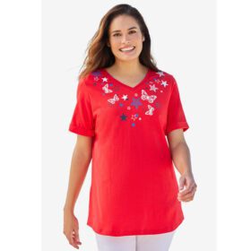 Vivid Red Butterfly Star Cuffed T-Shirt PSW-6466