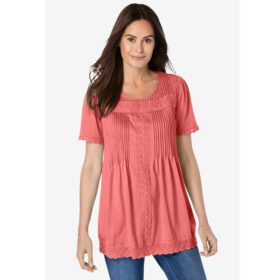 Sweet Coral Lace Trim Pintucked Tunic PSW-6728