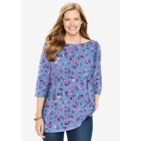 French Blue Pretty Floral Three Quarter Sleeve Boatneck Top PSW-6830