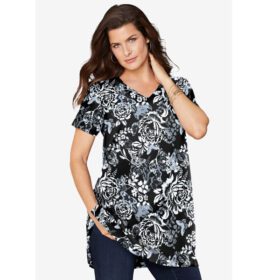 Black Butterfly Bloom Short-Sleeve V Neck Ultimate Tunic PSW-6957