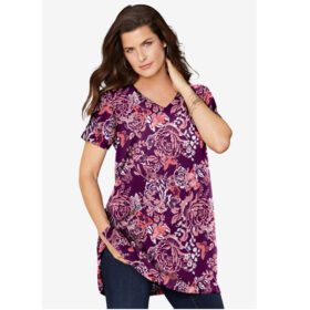 Dark Berry Butterfly Bloom Short-Sleeve V Neck Ultimate Tunic PSW-6958