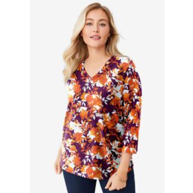 Dark Berry Shadow Floral Plus Size Women V Neck T-Shirt PSW-6940
