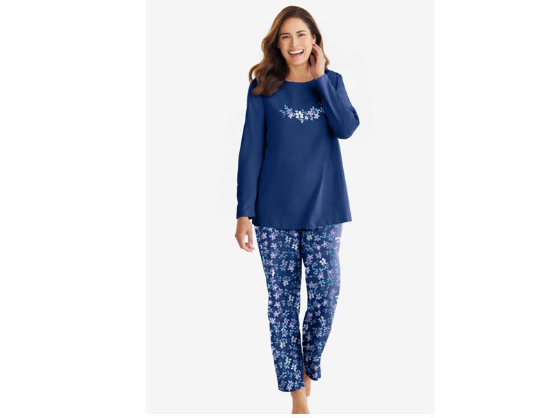 Evening Blue Flowers Long Sleeve Knit Pajama Set PSW-7042 | Plus Size ...