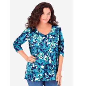 Navy Fresh Floral Long-Sleeve V-Neck Ultimate Tee PSW-6961