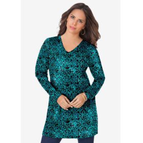 Teal Tile Print Long-Sleeve V-Neck Ultimate Tunic PSW-6963