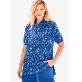 Bright Cobalt Graphic Bloom Short Sleeve Polo Tunic PSW-7062