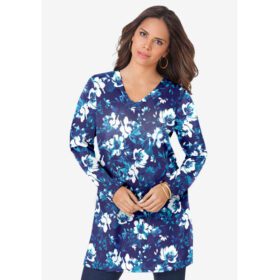 Navy Soft Floral Long-Sleeve V-Neck Ultimate Tunic PSW-7081