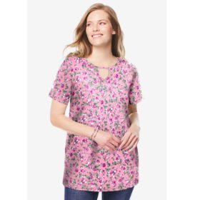 Pink Blossom Vine Perfect Printed Short Sleeve Keyhole Tee PSW-7067