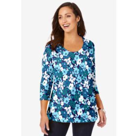 Tropical Teal Layered Flowers Scoop-Neck Tee PSW-7082
