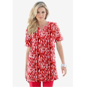 Vivid Red Brushstroke Print Notch-Neck Soft Knit Tunic PSW-7068