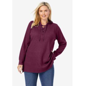 Deep Claret Washed Thermal Lace-Up Hooded Sweatshirt PSW-7274