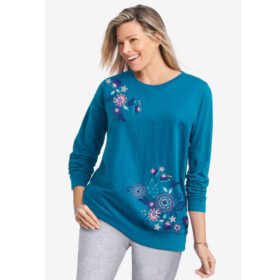 Deep Teal Multi Floral Embroidery French Terry Sweatshirt PSW-7212