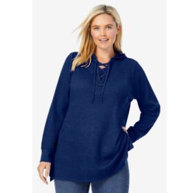 Evening Blue Washed Thermal Lace-Up Hooded Sweatshirt PSW-7276