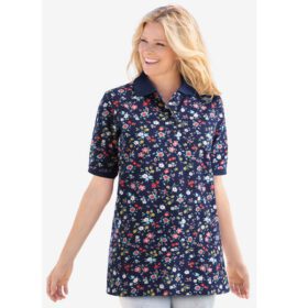 Navy Graphic Bloom Short Sleeve Polo Tunic PSW-7232
