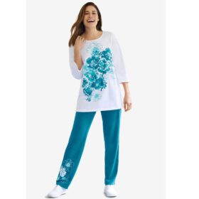 Deep Teal Floral Tee and Pant Set PSW-7308