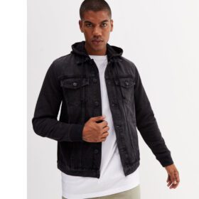 Black Denim Jersey Sleeve Hooded Jacket PSM-7725