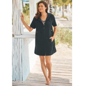 Black Hooded Terry Swim Cover Up PSW-7679
