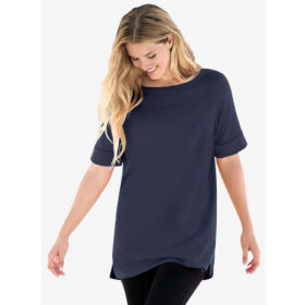 Navy Perfect Cuffed Elbow-Sleeve Boat-Neck Tee PSW-7875