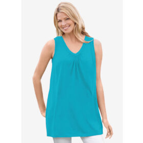 Pretty Turquoise Perfect Short-Sleeve Shirred V-Neck Tunic PSW-7971