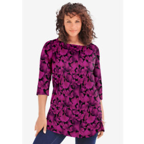 Berry Ginko Leaves Boatneck Ultimate Tunic with Side Slits PSW-8131