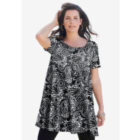 Black White Floral Scoopneck Swing Ultimate Tunic PSW-8140