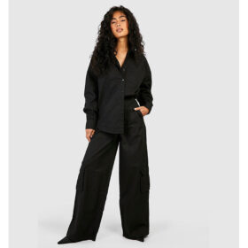 Black Relaxed Fit Twill Cargo Wide Leg Trousers PSW-8191B
