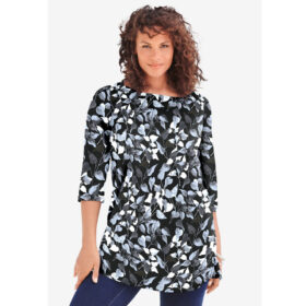 Black Watercolor Leaves Boatneck Ultimate Tunic with Side Slits PSW-8263