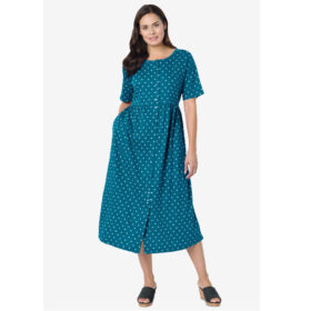 Deep Teal Polka Dot Button Front Essential Dress PSW-8219