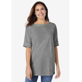 Heather Grey Perfect Cuffed Elbow-Sleeve Boat-Neck Tee PSW-8265