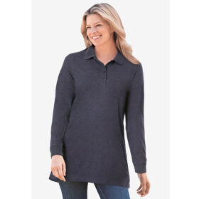 Heather Navy Long-Sleeve Polo Shirt PSW-8186