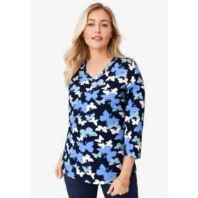 Navy Layered Butterfly Stretch Cotton V-Neck Tee PSW-8260