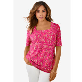 Pink Falling Paisley Stretch Cotton Square Neck Tee PSW-8305