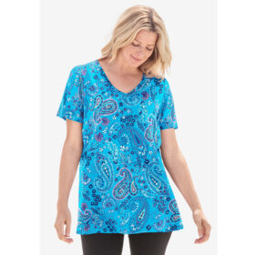 Pretty Turquoise Paisley Perfect Printed Short Sleeve V Neck Tee PSW-8299